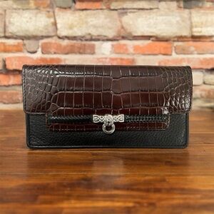 Brighton Gwynevere clutch wallet in black and chocolate crocodile-style w/ strap